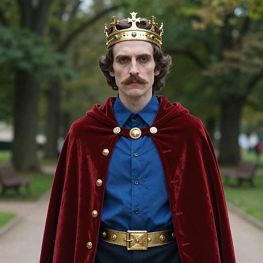 Photograph of a mustached man with curly brown hair, wearing a gold crown, blue shirt, red velvet cape, and gold belt, standing in