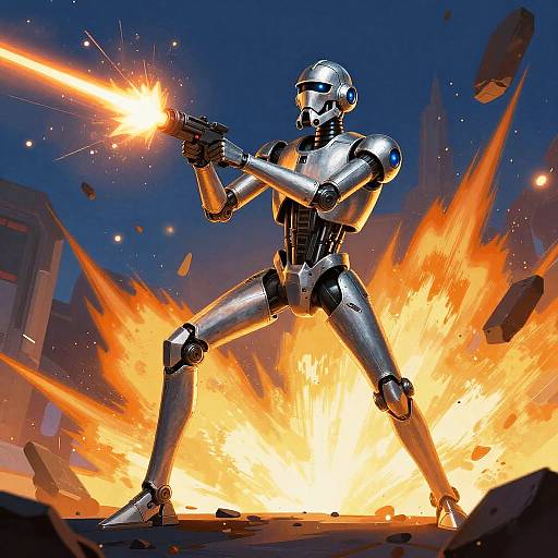 Digital artwork of a silver, humanoid robot with a glowing blaster, standing in a dynamic, fiery explosion against a dark, futuristic cityscape.