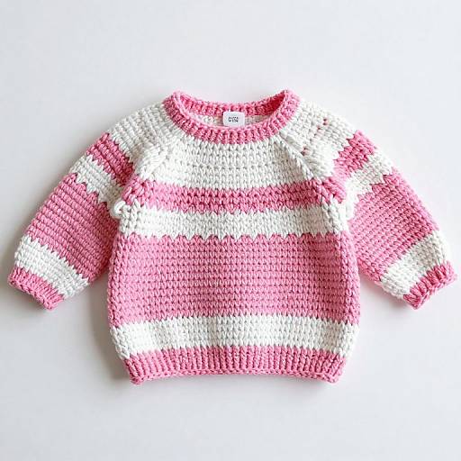 Photograph of a knitted baby sweater with pink and white horizontal stripes, round neckline, and ribbed cuffs and hem, laid flat on a white