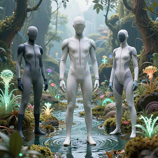 Three faceless, futuristic humanoid figures in black and white bodysuits stand in a glowing, enchanted forest stream, surrounded by bioluminescent plants