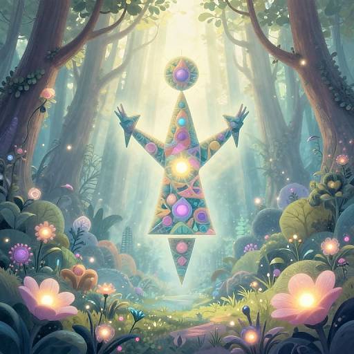 Digital art: Vibrant, glowing, geometric figure with colorful patterns stands in a magical forest, surrounded by luminous flowers, ethereal light, and