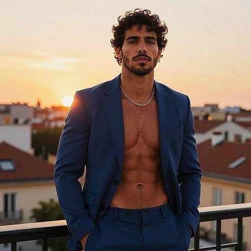 Photograph of a muscular, curly-haired man with a beard, wearing an open blue suit and gold chain, standing on a rooftop at sunset, with