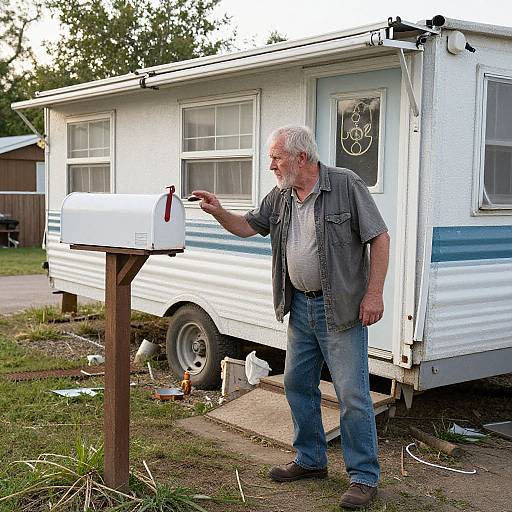 Photograph of an elderly white man with gray hair and beard, wearing a gray shirt and blue jeans, mailing a letter from a white trailer's mailbox