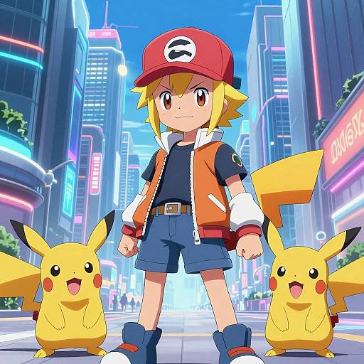 Anime-style digital artwork of a blonde boy in a red cap and orange jacket, standing in a neon-lit city with two Pikachu on either side.