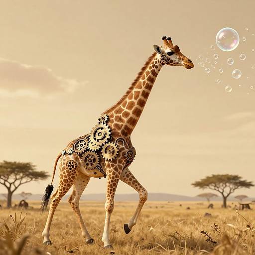 Photograph of a giraffe with black and white patterns, walking in a golden savanna, blowing bubbles, with acacia trees in the background.