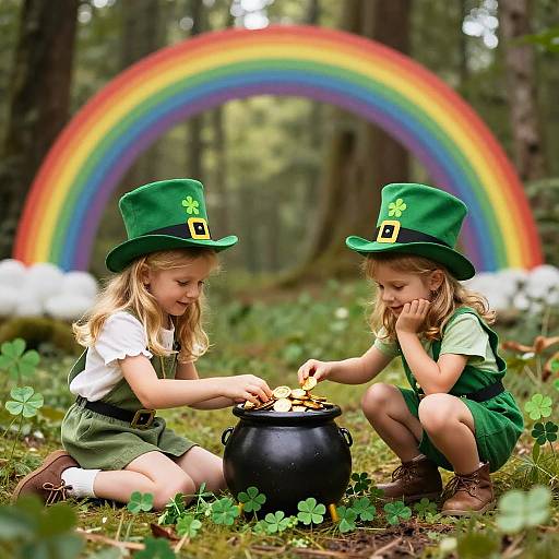 Photograph of two blonde girls in green leprechaun outfits with hats, squatting by a black cauldron, under a vibrant rainbow in