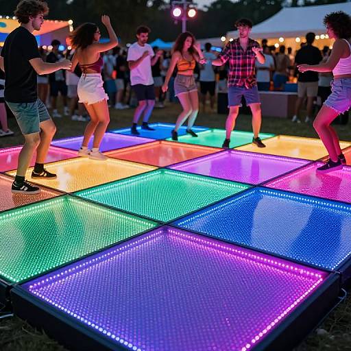 Photograph of a lively outdoor dance party with neon-lit square floors in vibrant colors, young people in casual summer clothes dancing, and a blurred background