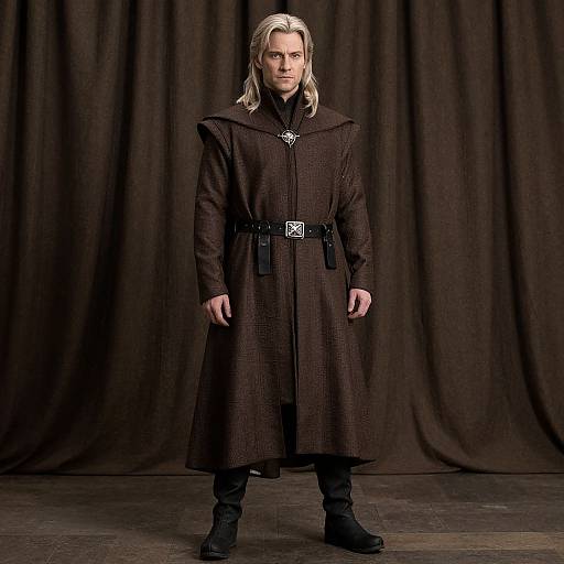 Photograph of a serious-looking, blond-haired man in a long, dark brown, medieval-style cloak with a belt and black boots, standing against a