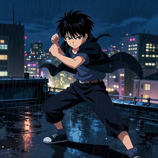 Anime Boy Fighting Pose on Rooftop