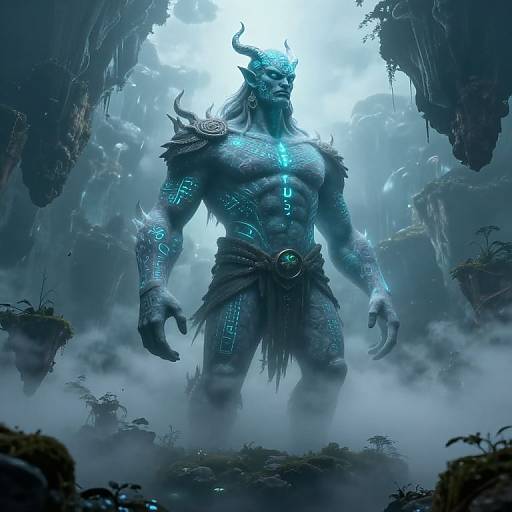 Digital artwork of a muscular, blue-skinned, horned demon with glowing cyan tattoos and a tattered loincloth, standing in a foggy