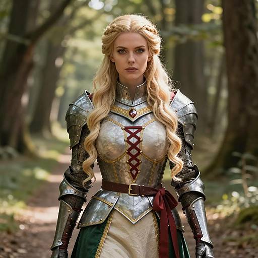 Blonde Woman in Medieval Armor on Forest Path