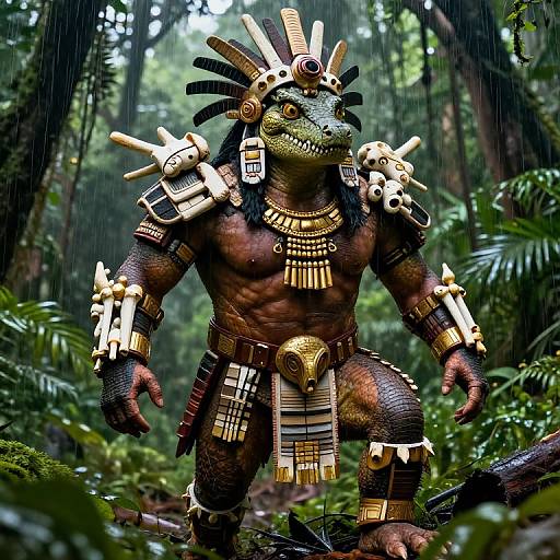 Aztec Crocodilian Warrior in Rainforest