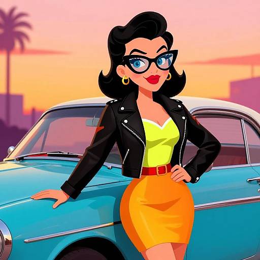 Digital cartoon of a confident woman with black hair, blue eyes, red lipstick, black jacket, yellow top, orange skirt, leaning on a blue vintage