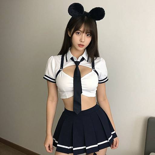Photograph of an Asian woman in a revealing black and white schoolgirl outfit with a cutout top, black tie, and fluffy bear ear headband