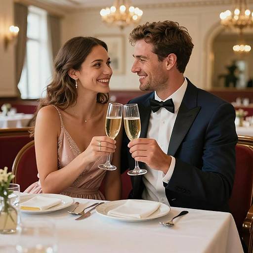 Photograph of a smiling couple in formal attire, raising champagne glasses in an elegant, warmly lit restaurant. She wears a pink dress, he a black