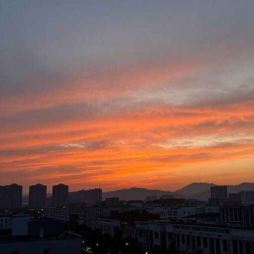 Photograph of a cityscape at sunset with vibrant orange and pink skies, silhouetted buildings, and distant mountains under a cloudy horizon.