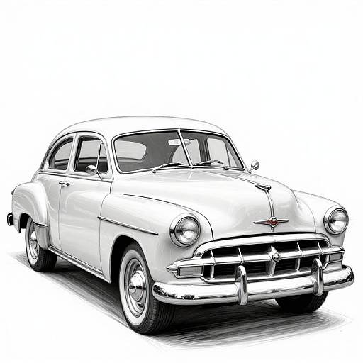 Black-and-white digital drawing of a classic vintage car with rounded headlights, chrome grille, and white-walled tires, viewed from the front-left.