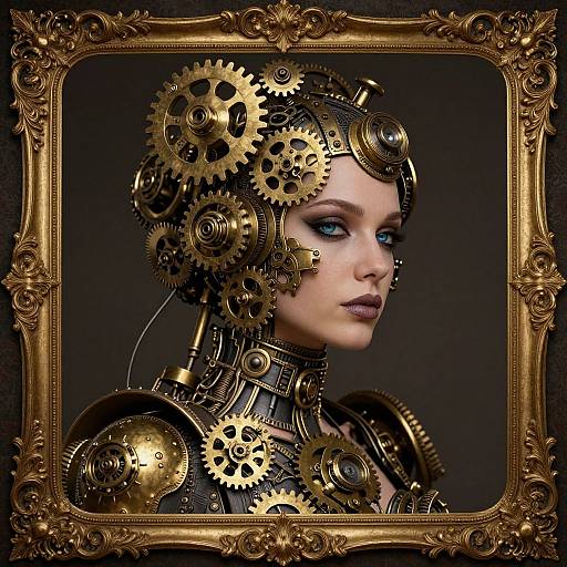 Steampunk portrait of a woman with mechanical gears and gold accents in her hair, framed by an ornate golden frame.