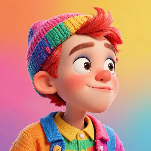 CGI cartoon boy with red hair, rainbow-striped beanie, colorful shirt, and blue overalls, smiling against vibrant gradient background.