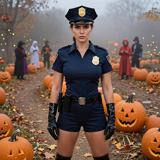 Photograph of a serious, fit woman in a dark blue police uniform with black gloves, standing in a foggy pumpkin patch, surrounded by carved jack