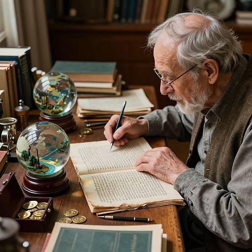 Photograph of an elderly white man with a white beard and glasses, writing in an open book at a wooden desk, surrounded by books, a snow