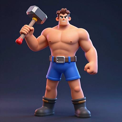 CGI image of a muscular, cartoon-like man with brown hair, holding a hammer, wearing blue shorts, black boots, and a belt, against