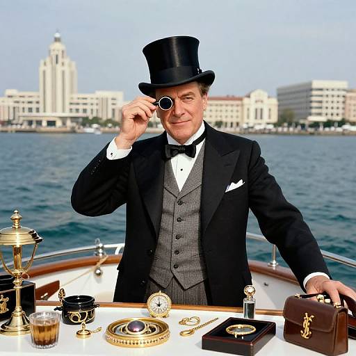 Photograph of a man in a black top hat and tailored suit, adjusting his monocle on a yacht with a cityscape background, surrounded by gold