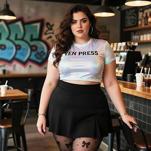 Photograph of a curvy woman with long brown hair, wearing a white 