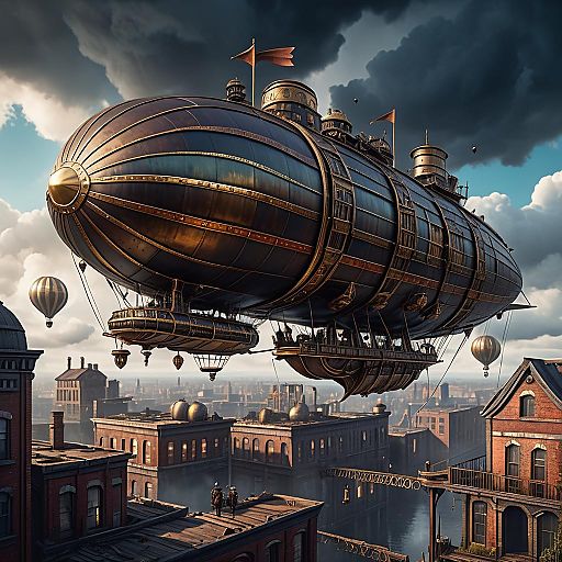 Steampunk Airships Flying Over Vintage City