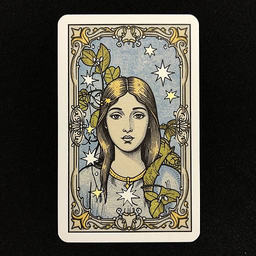 Digital illustration of a serene young woman with long brown hair, blue eyes, and a yellow leaf headpiece, surrounded by stars and floral patterns within an