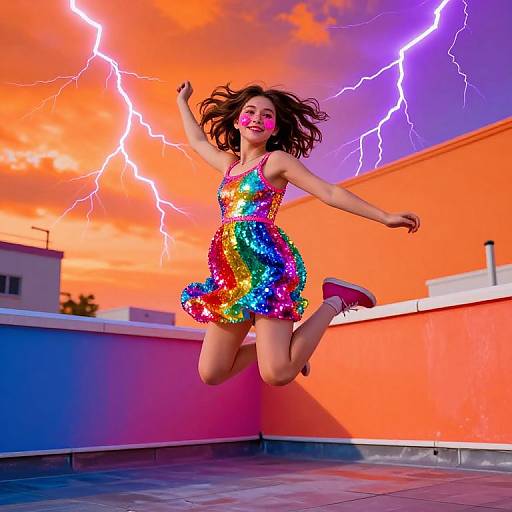 Photograph of a joyful Asian woman with long black hair, wearing a colorful sequin dress, jumping against a vibrant sunset sky with purple and white lightning