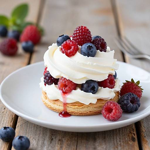 Photograph of a stacked pancake with whipped cream, blueberries, and raspberries on a white plate, on a rustic wooden table.