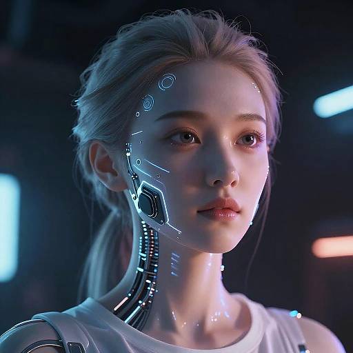 Photorealistic CGI of a young woman with cybernetic enhancements on her face and neck, glowing blue lights, in a dark, futuristic setting.