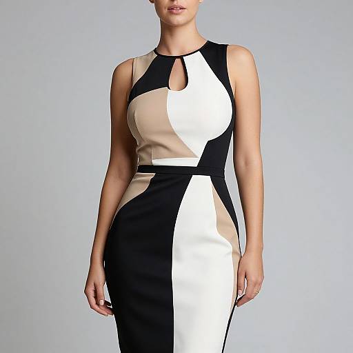 Photograph of a woman in a sleeveless, high-neck dress with black, white, and beige geometric patterns, standing against a plain gray background.