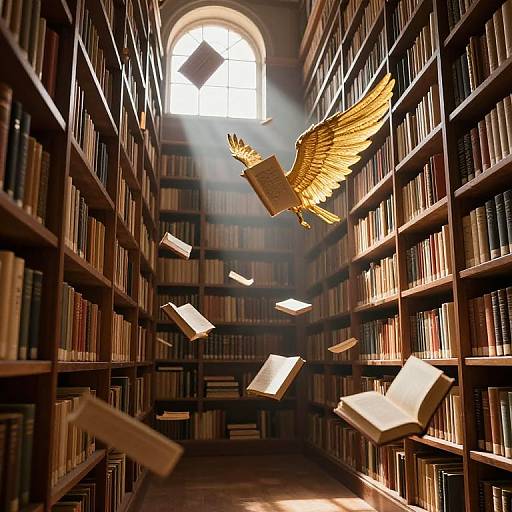 Photograph of a sunlit library with golden-winged angel flying, surrounded by floating open books, between tall, wooden bookshelves.