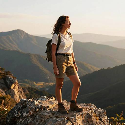 Photograph of a woman with curly hair, white t-shirt, brown shorts, backpack, and boots, standing on a rocky mountain peak at sunset,
