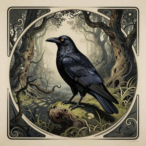 Moody Art Nouveau Raven in Forest