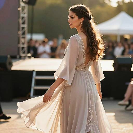 Woman with Braided Half-Updo in Flowing Chiffon Dress
