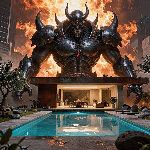 CGI image of a muscular, three-headed demon with horns and red eyes, emerging from flames behind a modern pool house.