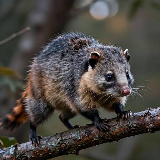 Photograph of a brushtail possum with dark fur, white face markings, and pink nose, standing on a rough tree branch in a