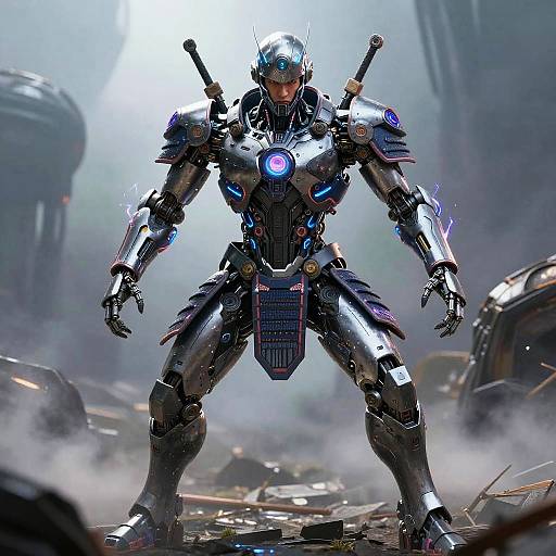 CGI image of a futuristic, armored, blue-lit humanoid robot standing in a smoky, post-apocalyptic battlefield with scattered debris and machinery.