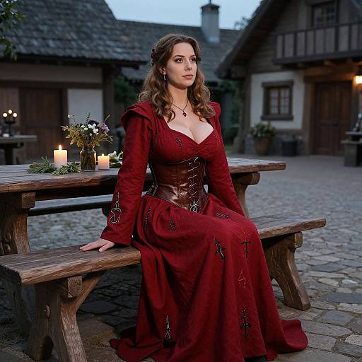 Photograph of a fair-skinned woman with wavy brown hair, wearing a deep red medieval dress with black embroidery, sitting on a wooden bench in