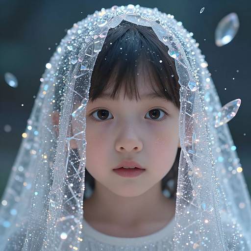 Photograph of an Asian child with large, innocent eyes, wearing a translucent veil adorned with sparkling lights, against a dark background.