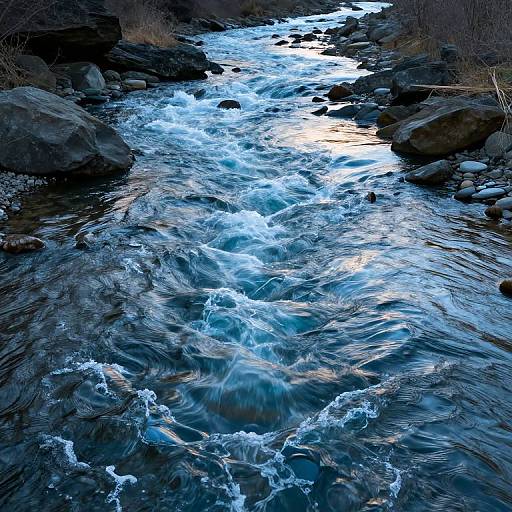 Photograph of a winding, rocky stream with vibrant blue, white-capped waters flowing over dark stones under twilight light.