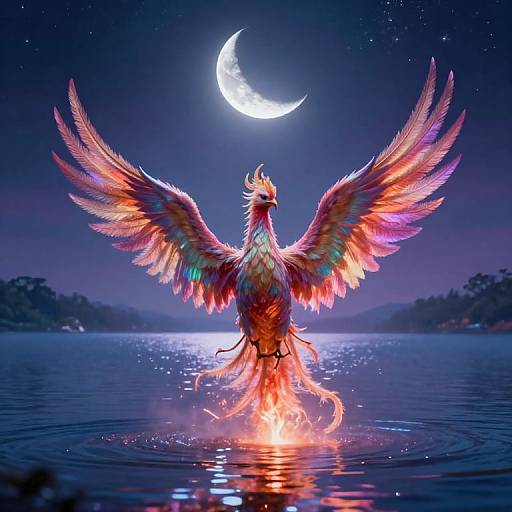 Digital artwork of a vibrant, fiery phoenix with outstretched wings standing in a moonlit lake, reflecting a crescent moon above.