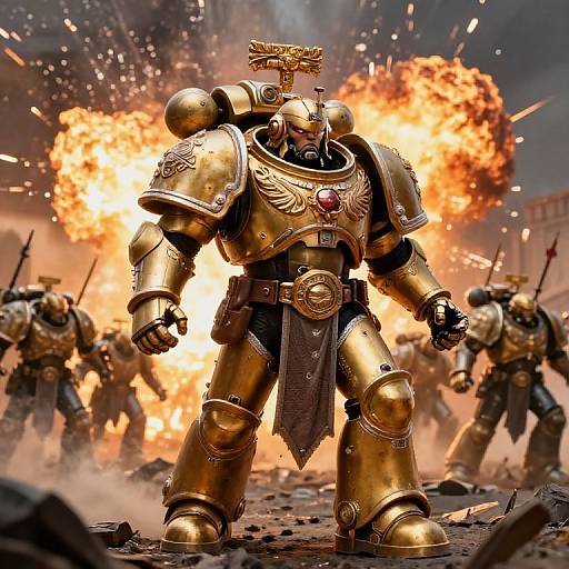 Digital artwork of a golden, armored warrior with a cross-headed helmet, standing amidst an explosion, surrounded by similarly armored soldiers.
