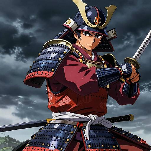 Digital anime-style illustration of a determined samurai with dark hair, wearing red and black armor, holding a katana, against a stormy sky.