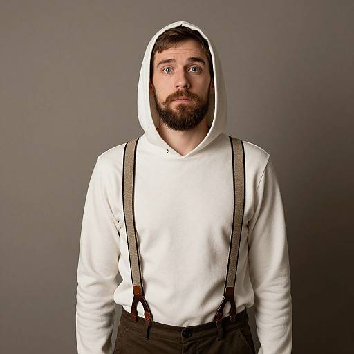 Photograph of a bearded man with blue eyes, white hoodie, brown suspenders, and dark pants, staring off to the side against a gray