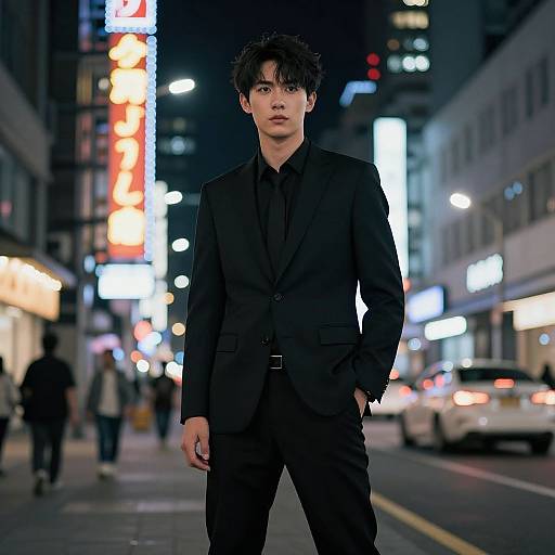 Mysterious Man in Neon Cityscape