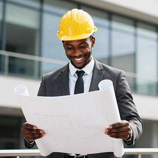 Photograph of a smiling African-American man in a black suit, yellow hard hat, and white shirt, holding blueprints outdoors in front of a modern